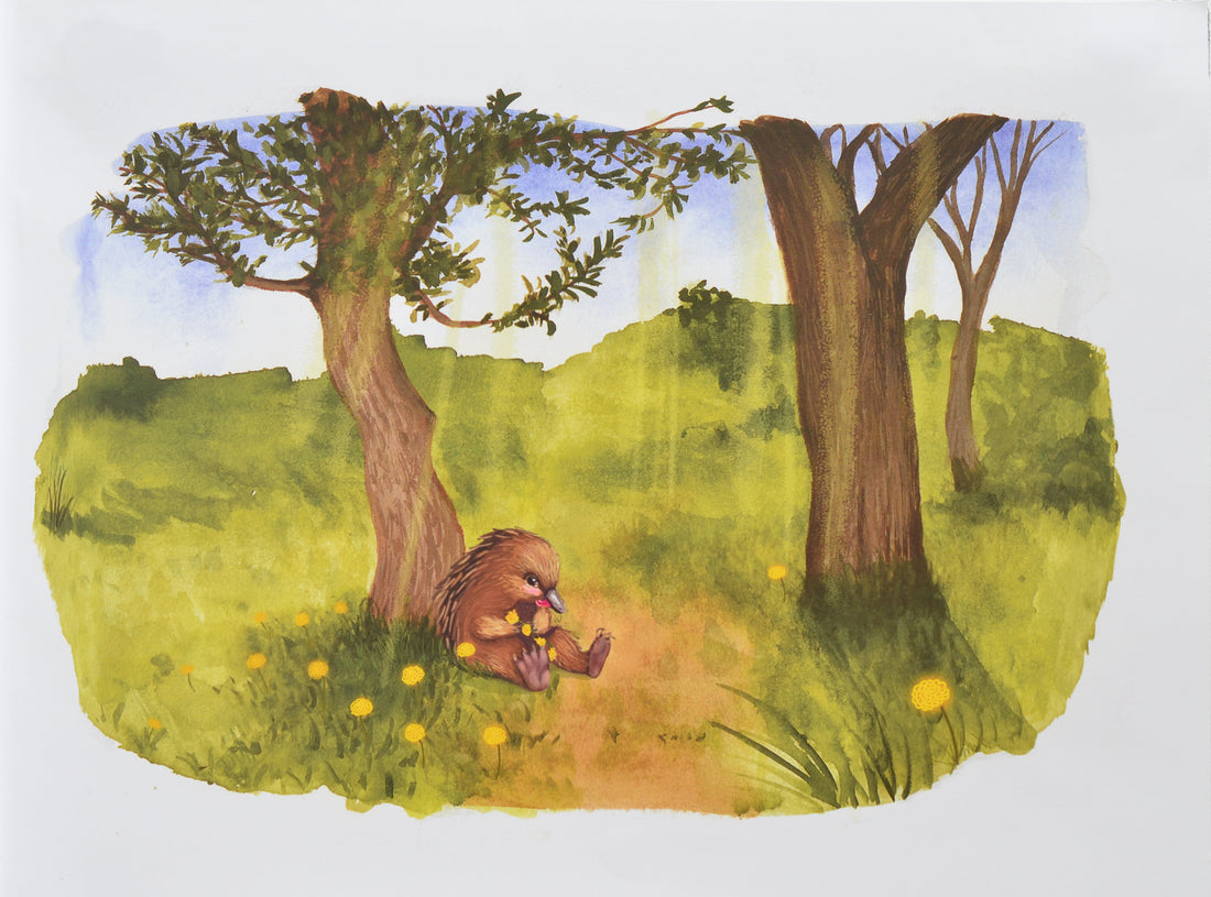 Illustration of a young echidna sitting beneath a tree beside a bushland path, surrounded by yellow flowers.