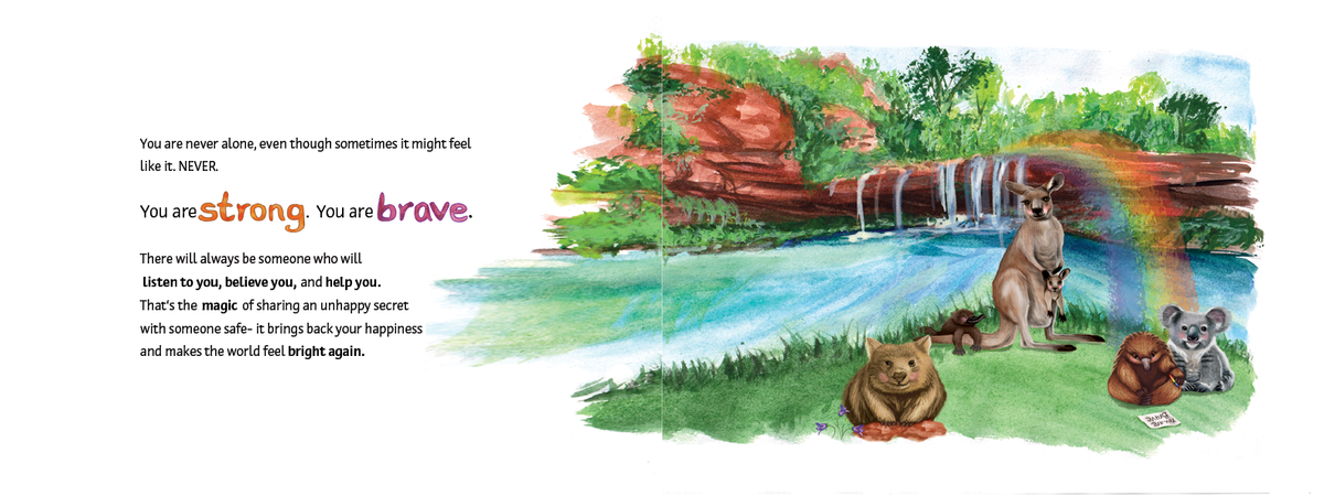 Australian animals beside a waterfall, with a reassuring message about being strong, brave and sharing unsafe secrets