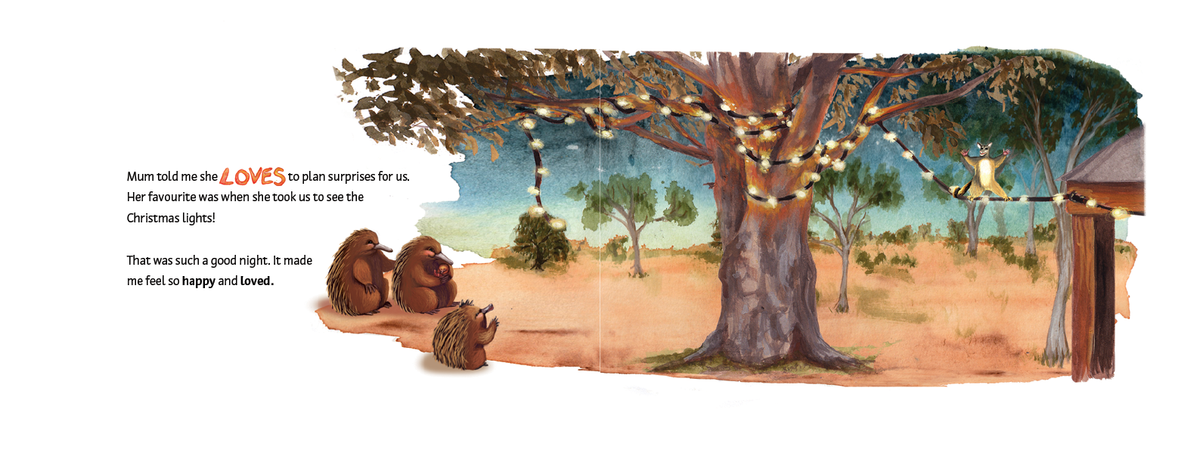 Secret or Surprise story spread showing an echidna family enjoying Christmas lights in a tree