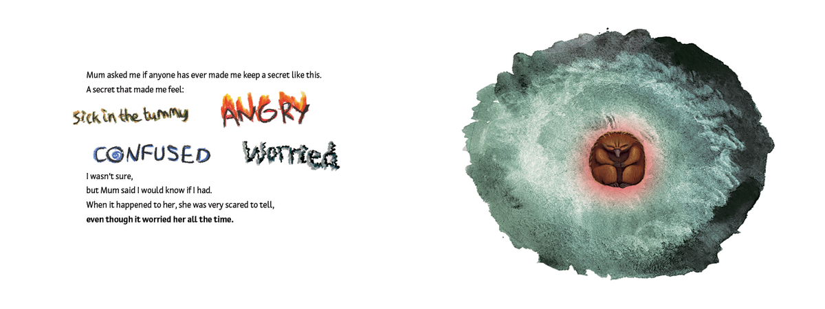 Story spread showing a curled-up echidna and words describing worried, angry and confused feelings about secrets.
